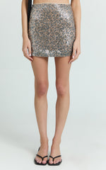 Lexie Mini Skirt - Mid Waisted Sequin Leopard Skirt in Leopard Print