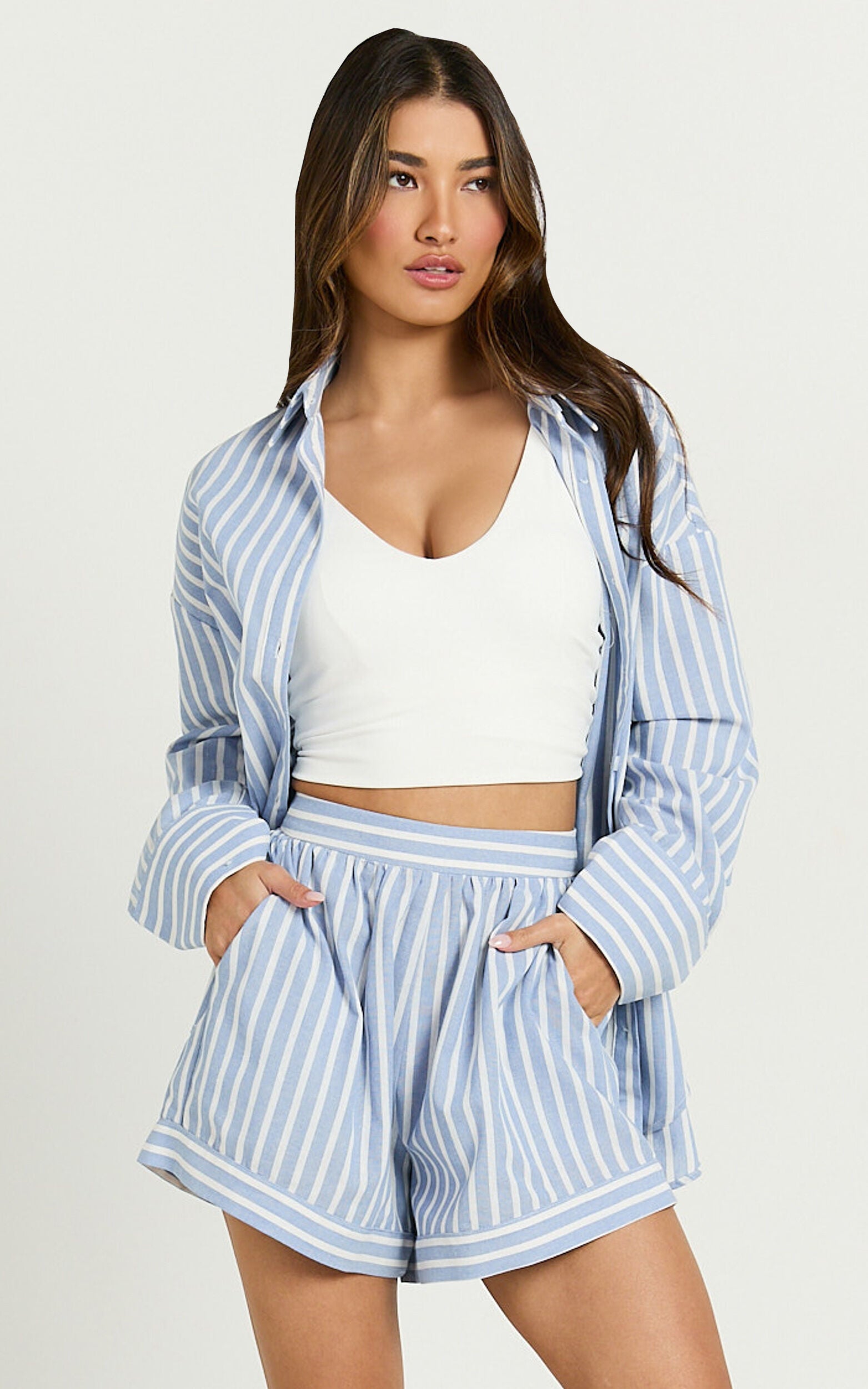 Tori Shorts - High Waist A Line Stripe Shorts in Light Blue Stripe