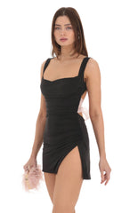 Tulle Back Bow Ruched Bodycon Dress in Black