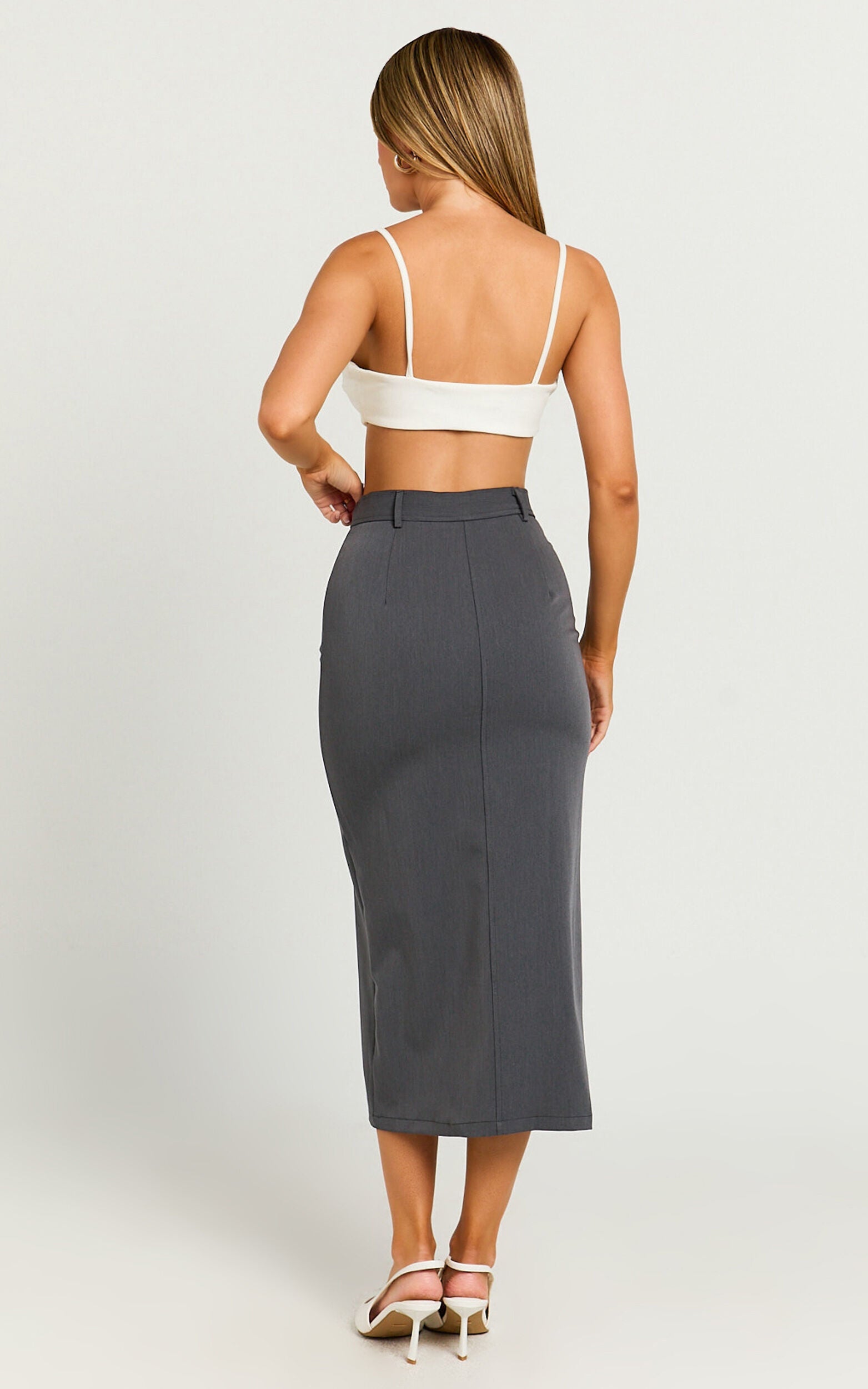 Brylee Midi Skirt - High Waisted Front Split Skirt in Charcoal