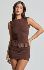 Azra Mini Dress - Bodycon Detachable Belt Detail Knit Mini Dress in Chocolate