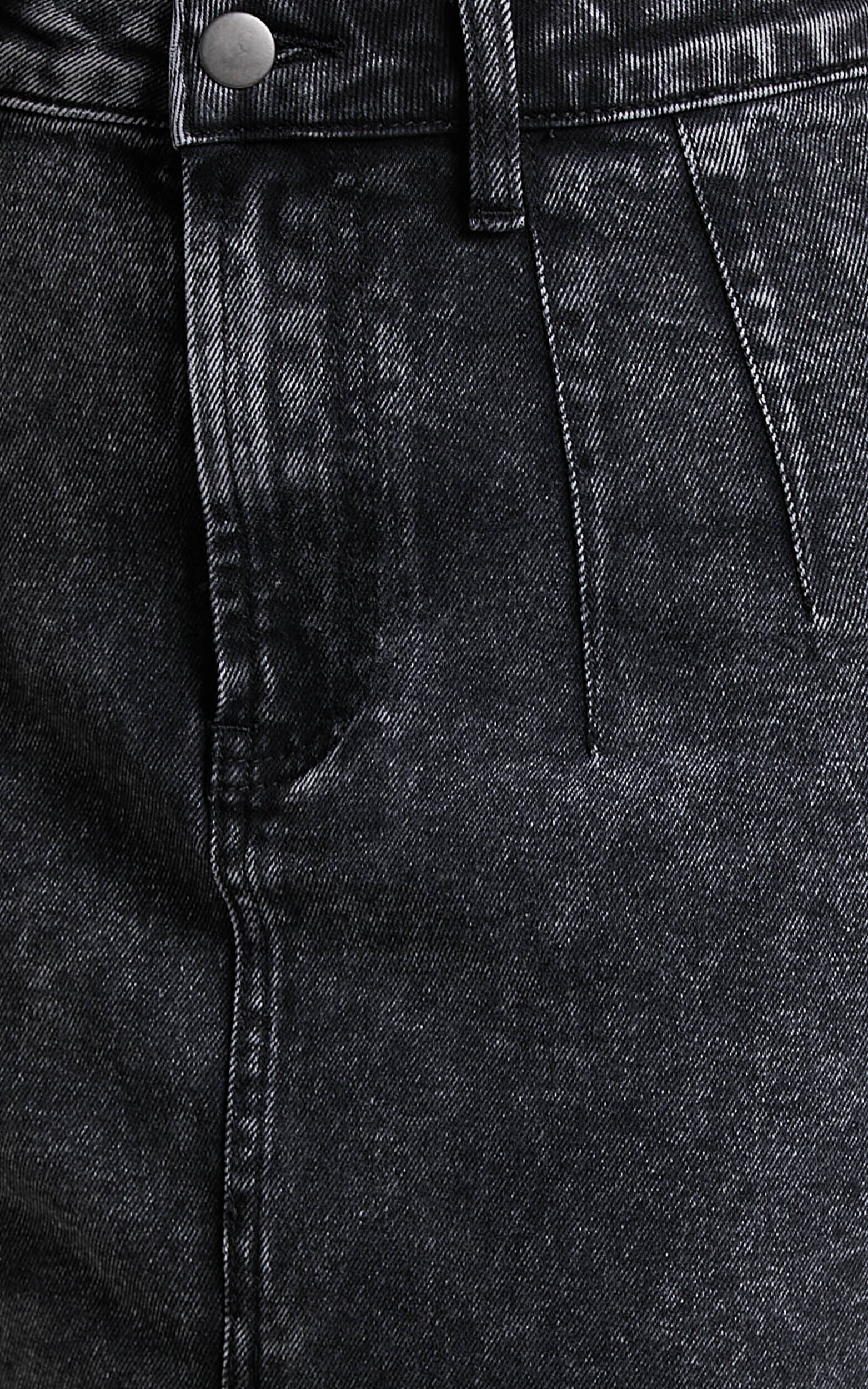 Janeve Midi Skirt - Front Split Denim Skirt in Black Acid Wash
