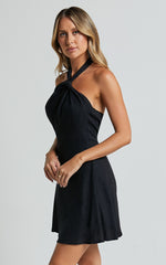 Louie Mini Dress - Linen Halter Neck Dress in Black