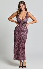 Sheila Midi Dress - Wide Strap V Neck Sleeveless Slip Dress in Rose Print