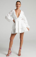Allea Mini Dress - V Neck Balloon Sleeve Tiered Jacquard Dress in White