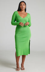 Clymene Midi Dress - Side Cut Out Knit Dress in Lime