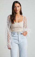 Venetia Bodysuit - Long Sleeve Spot Mesh Bodysuit in White Spot