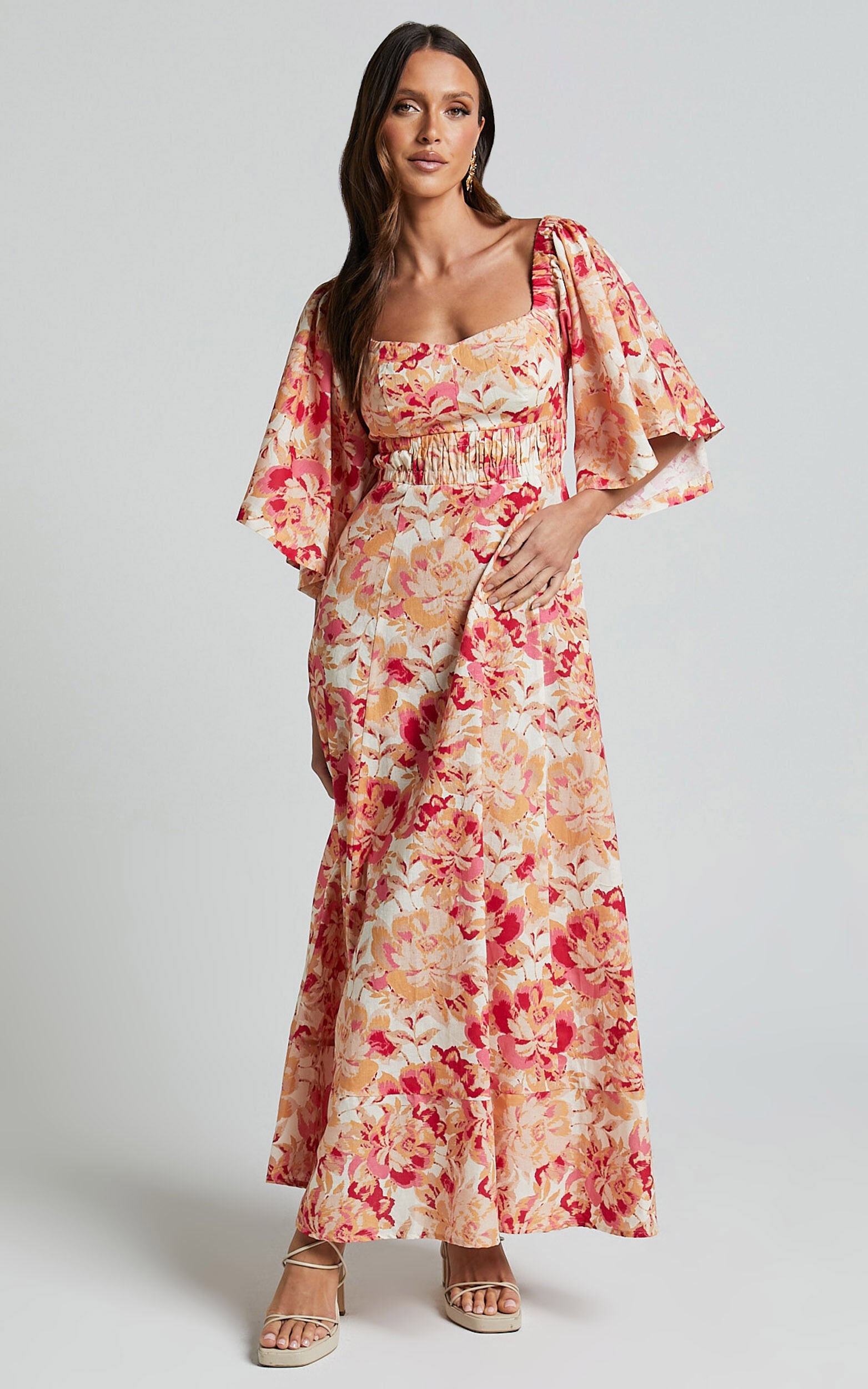 Amalie The Label - Thalia Linen Blend Puff Sleeve Midi Dress in Sienna Print