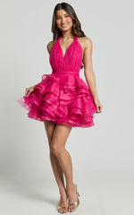 Addison Mini Dress - Halter Neck Plunge Tiered Tulle Dress in Hot Pink