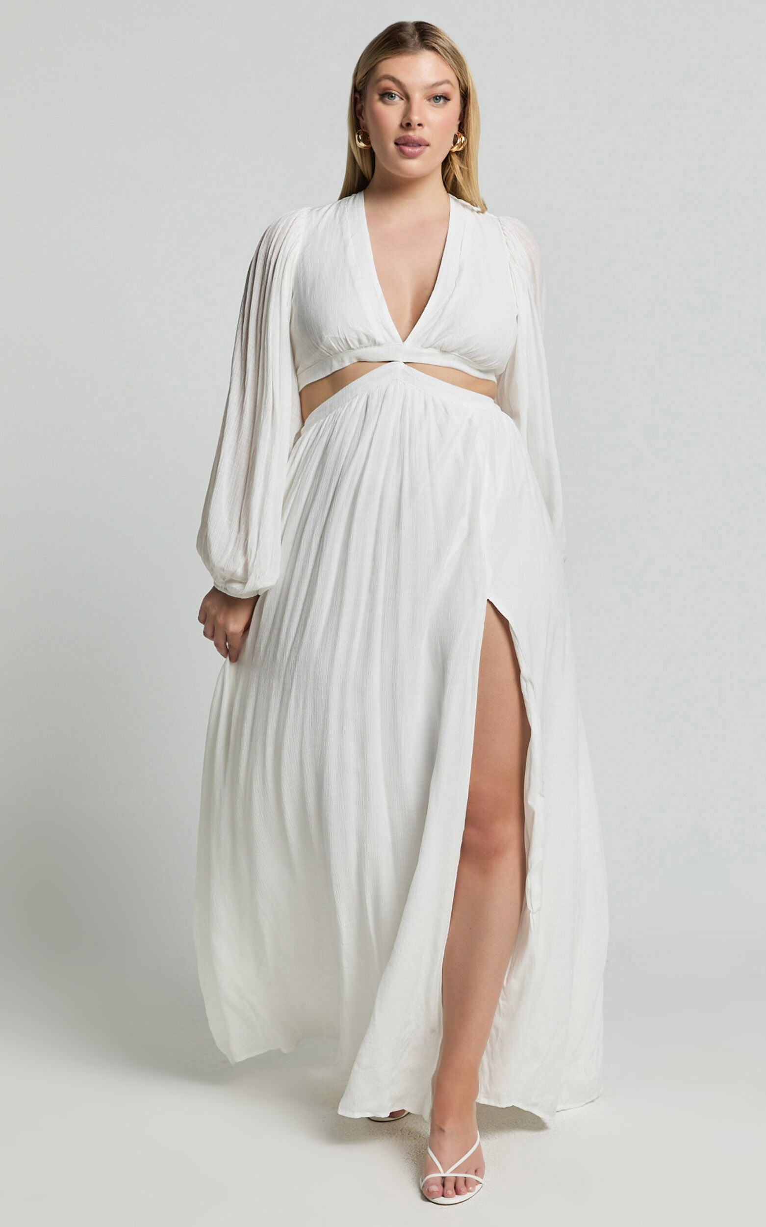 Paige Maxi Dress - Side Cut Out Balloon Sleeve Dress in White
