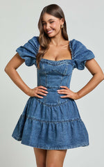 Gia Mini Dress - Short Puff Sleeve Tiered Denim Dress in Dark Blue Wash