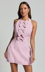 Wilfreda Mini Dress - Halter Neck Tie Dress in Frost Pink