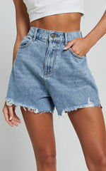 Renee Shorts - High Waisted Frayed Hem Denim Shorts in Light Blue Wash