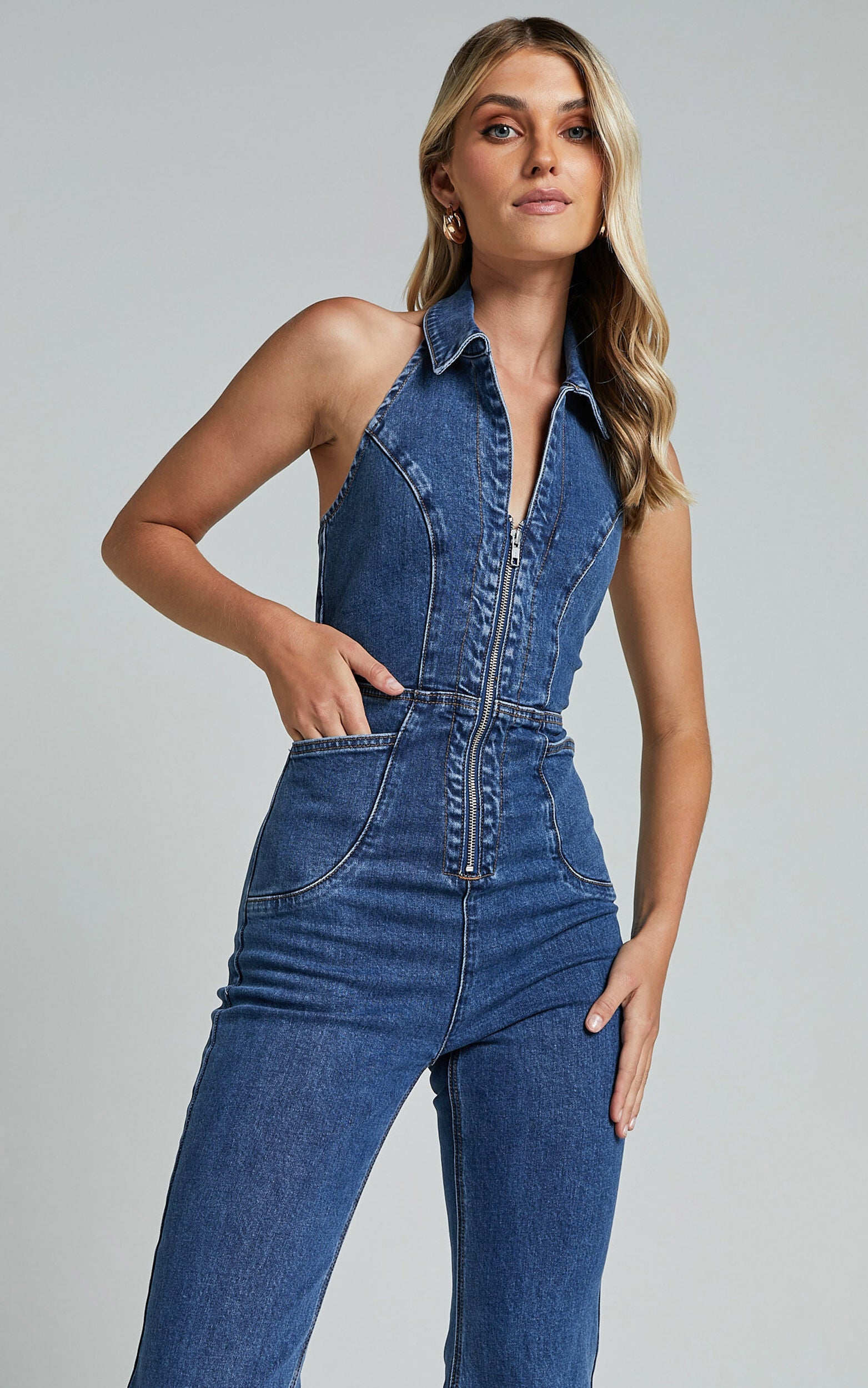 Casidy Jumpsuit - Zip Front Collared Halter Neck Denim in Mid Blue Wash