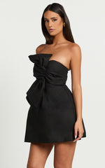 Chika Mini Dress - Linen Strapless Front Bow Dress in Black