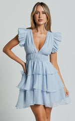 Elbertine Mini Dress - Flutter Sleeve Pleated Dress in Pale Blue