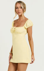 Maddy Mini Dress - Ruched Bust Short Sleeve Dress in Lemon