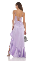 Venus Satin Ruffle Dress in Lavender