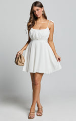 Aziah Mini Dress - Tie Shoulder Ruched Bodice Dress in White