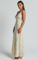 Sharlyn Midi Linen Dress - Deep V Neck Sleeveless Slip Dress in Beige Sun Print