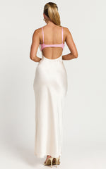 Chona Maxi Dress - Backless V Neck Slip Dress in White/Pink