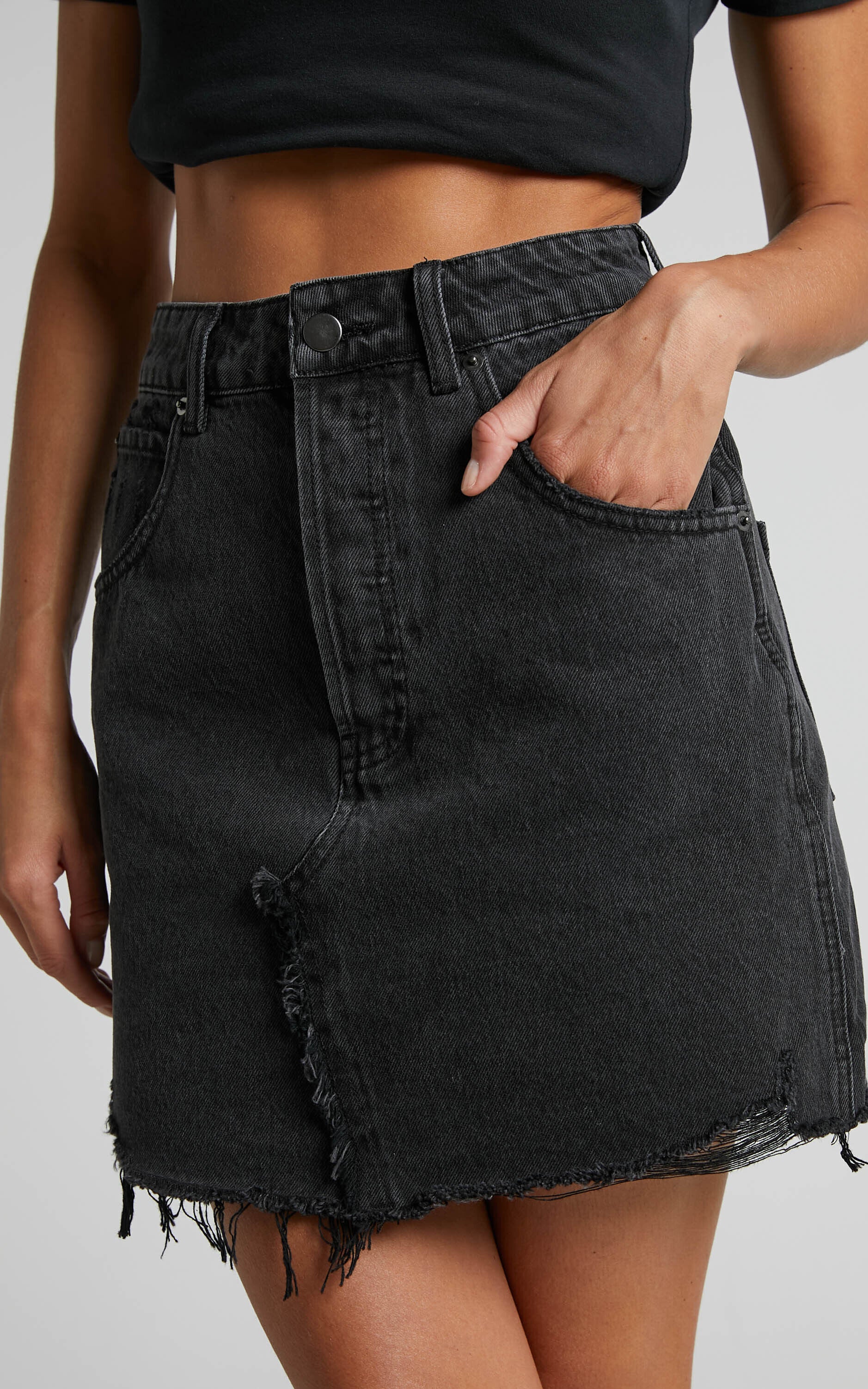 Pieta Mini Skirt - Recycled Cotton Raw Hem Denim Skirt in Washed Black