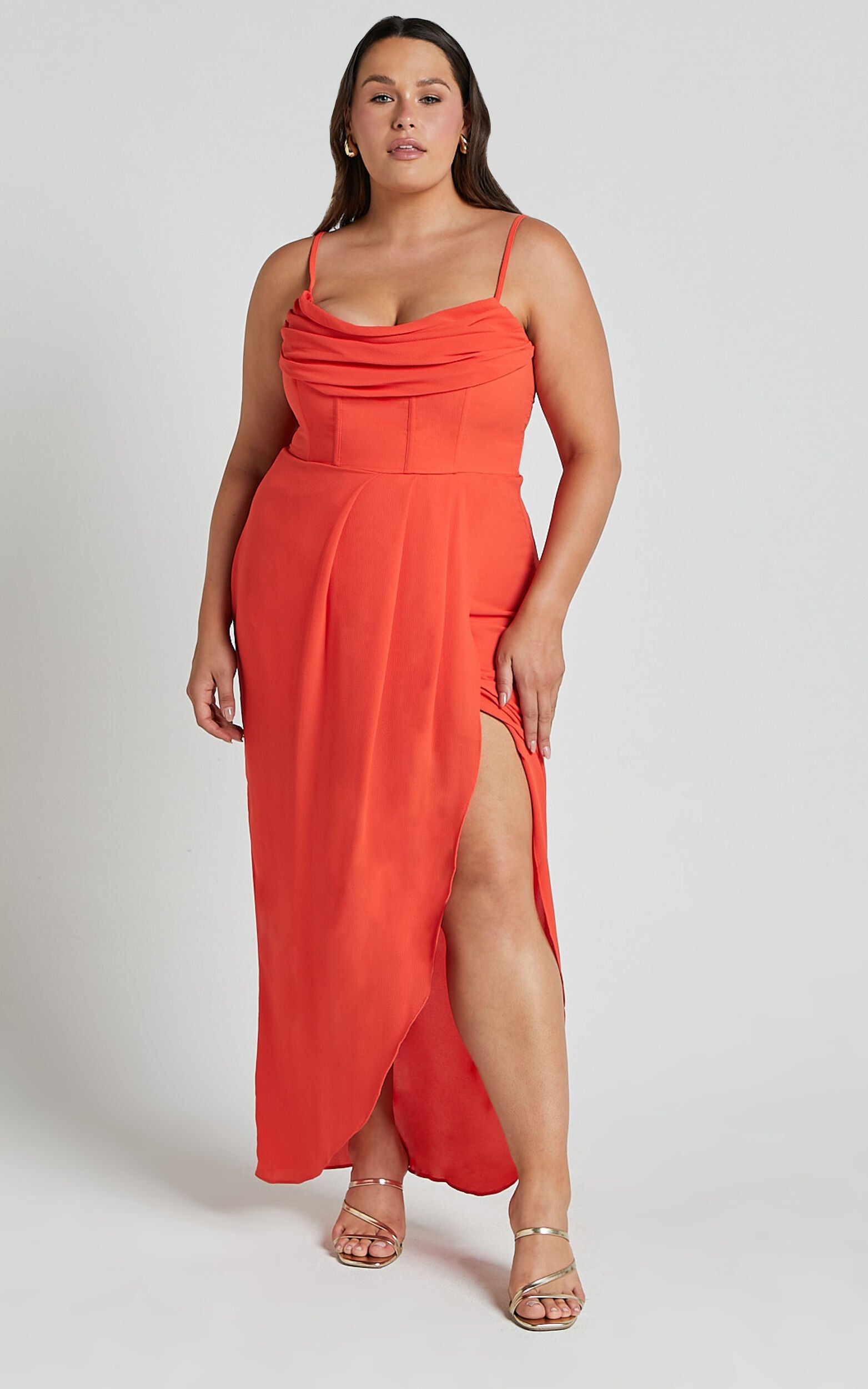 Andrina Midi Dress - High Low Wrap Corset Dress in Orange