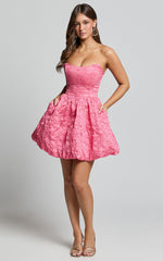 Inez Mini Dress - Jacquard Strapless Bubble Hem Dress in Pink