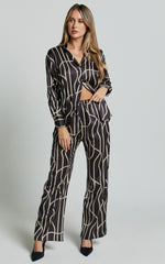 Yolanda Pants - High Waisted Straight Leg Pants in Black/Gold Chain Print