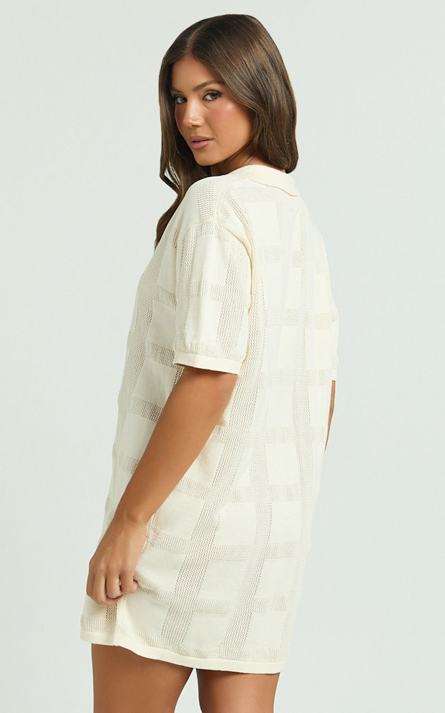 Tully Mini Dress - Knitted Button Through Shift Dress in Cream
