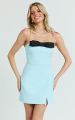 Adora Mini Dress - Strapless Bow Detail Split Dress in Blue & Black