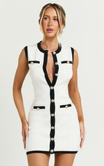Branson Mini Dress - Sleeveless Button Down Knitted Dress in Cream with Black contrast