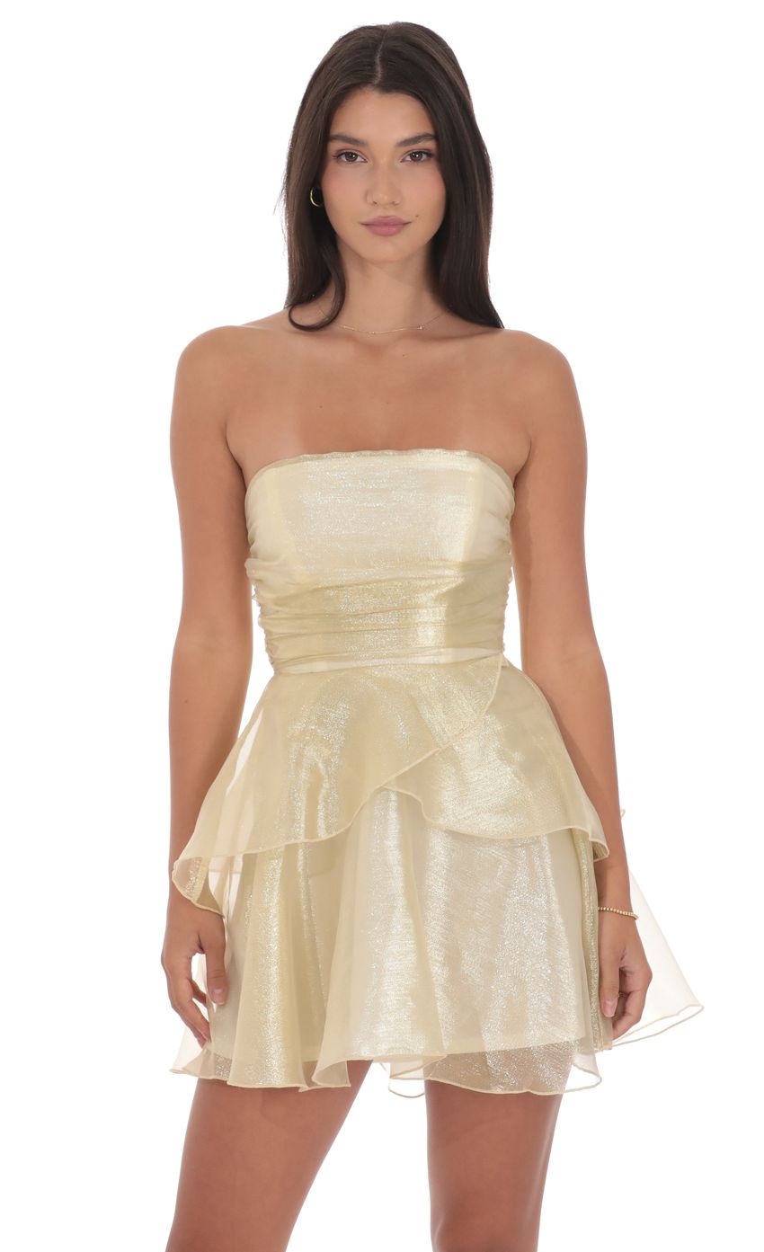 Petal Ruffle Strapless Dress in Gold