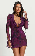 Alesya Mini Dress - Ruffle Plunge Neck Long Sleeve Tie Detail Dress in Royal Adeana