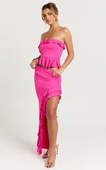 Tess Two Piece Set - Jersey Asymmetric Ruffle Strapless Top And Midi Skirt in Fuchsia Pink