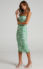 Brunetta Midi Dress - Strapless Mesh Dress in Green Furnishing Florals