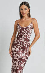 Charesse Maxi Dress - Satin Bias Cut Scoop Neck Low Back Slip Dress in Choc Floral