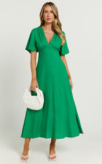 Dakota Midi Dress - Linen Flutter Sleeve A Line Dress in Green