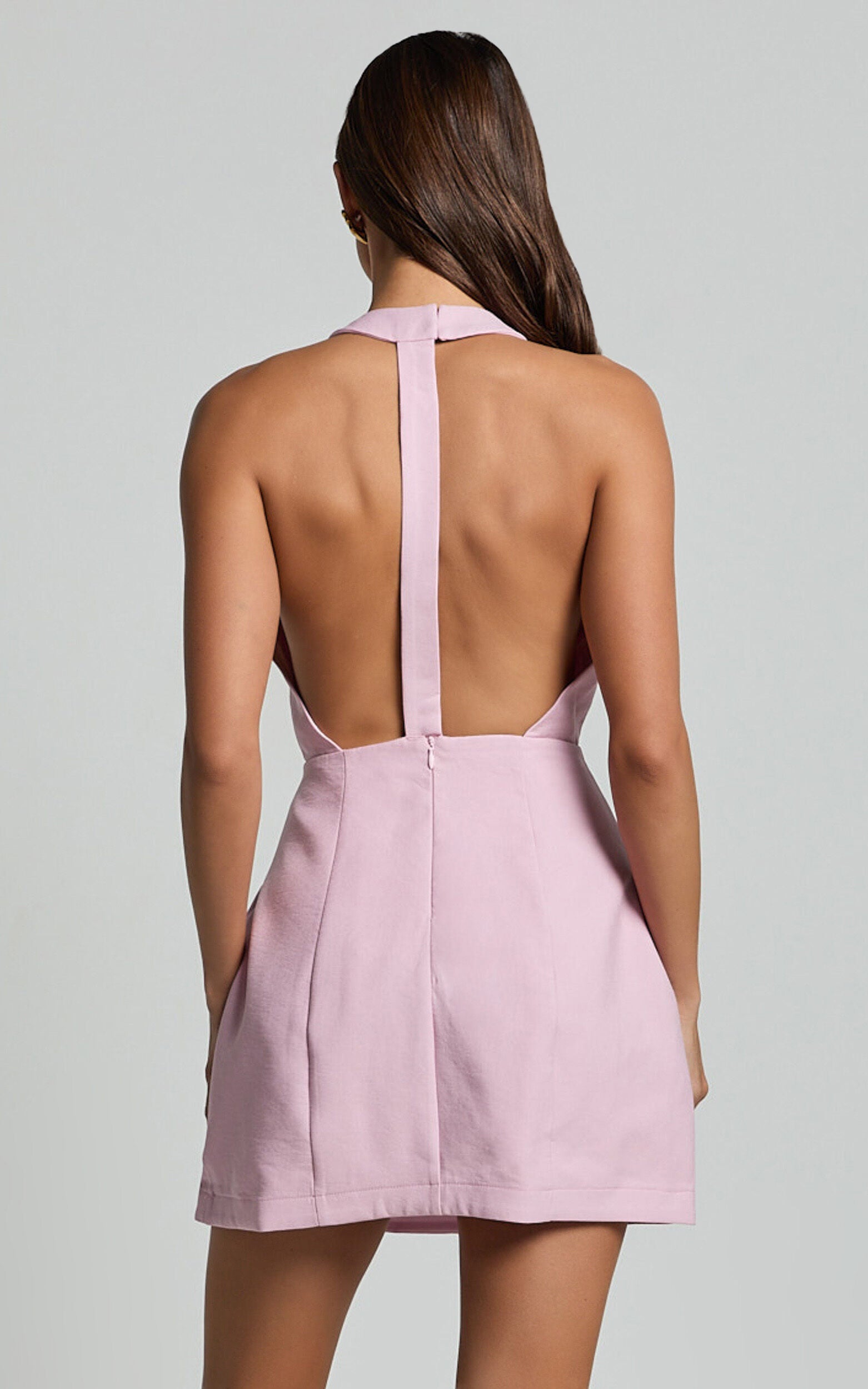 Wilfreda Mini Dress - Halter Neck Tie Dress in Frost Pink