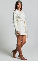 Enriquetta Mini Dress - Cotton Denim Long Sleeve Button Up Dress in Ecru