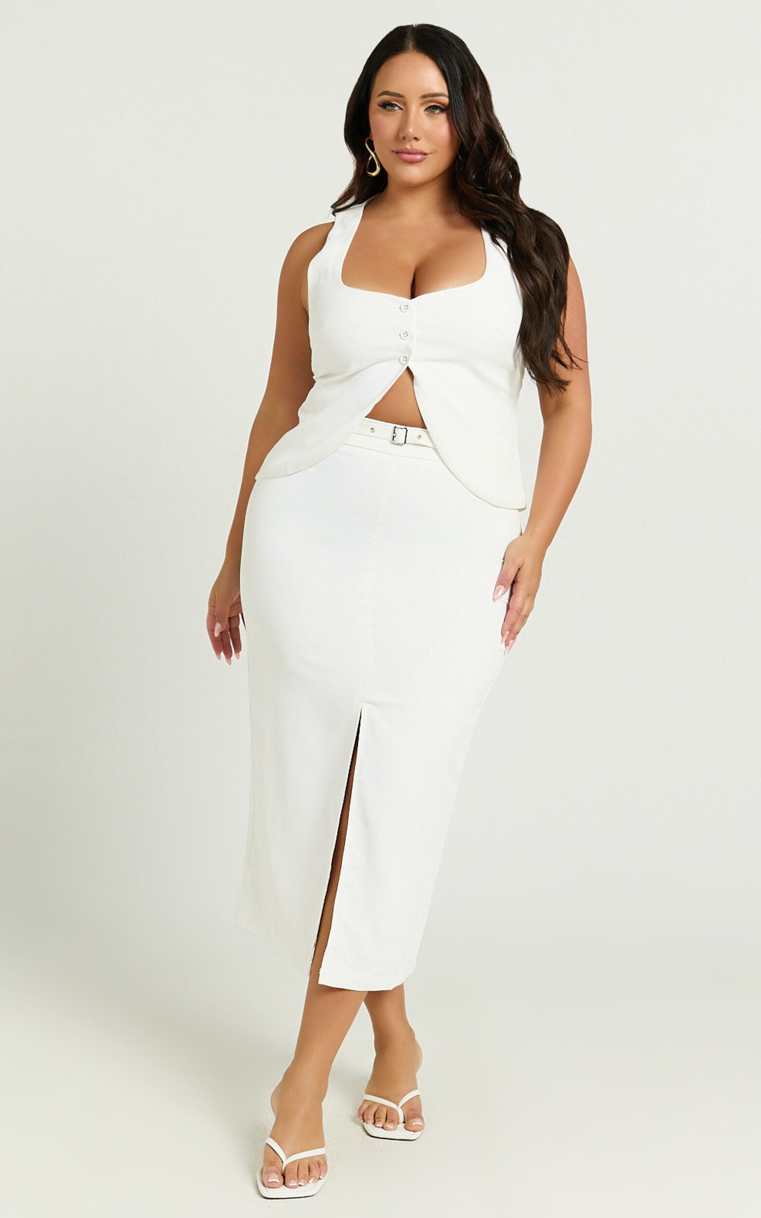 Romeo Midi Skirt - High Waisted Front Split Pencil Skirt in White
