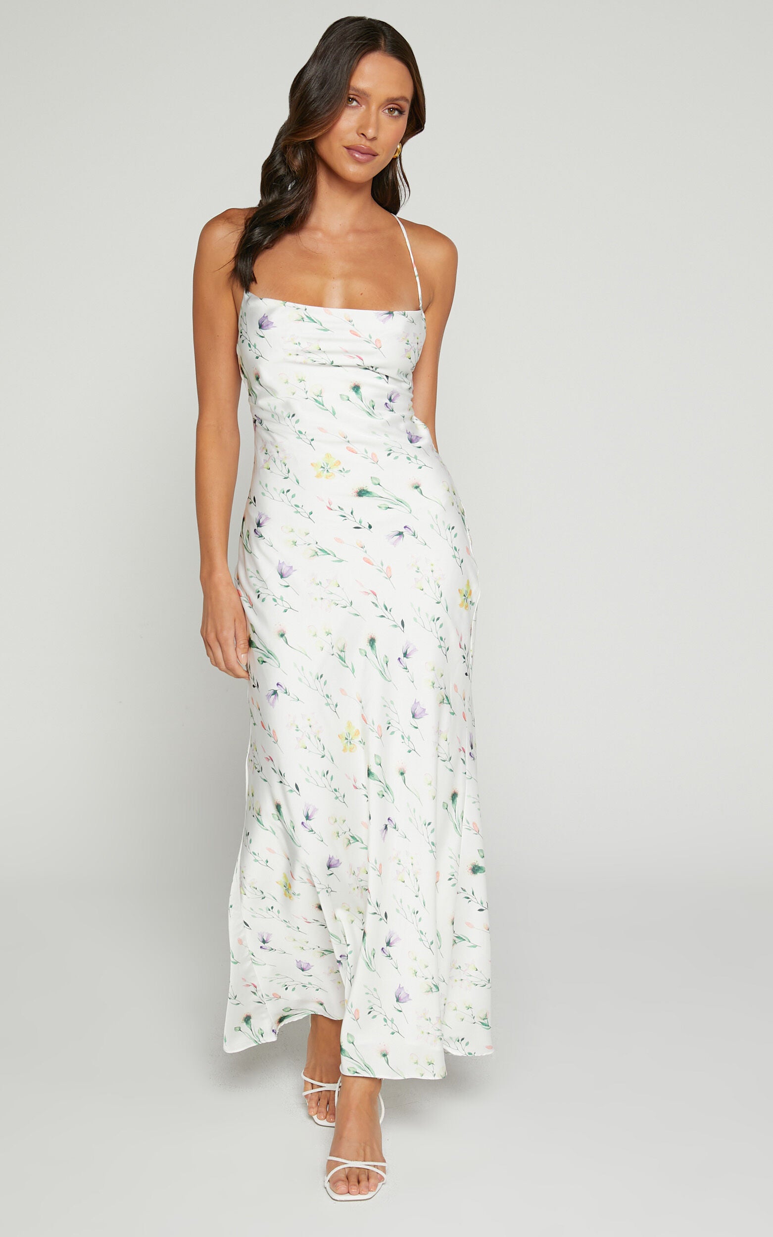 Shierina Midi Linen Dress - Sweetheart Neck Line Sleeveless Dress in White Floral