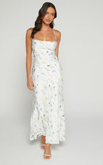 Shierina Midi Linen Dress - Sweetheart Neck Line Sleeveless Dress in White Floral