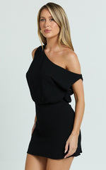 Nellie Mini Linen Dress - Linen One Shoulder Mini Dress in Black