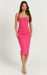 Tiffy Midi Dress - Square Neck Ruched Bodycon Dress in Pink
