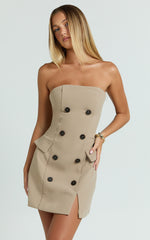 Tansy Mini Dress - Strapless Tailored Bodycon Dress in Tan