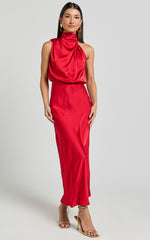 Minnie Midi Dress - Drape Neck Satin Slip Dress in Red