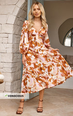 Amalie The Label - Chevonne Linen Blend Tie Front Puff Sleeve Maxi Dress in Baku Print
