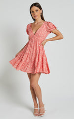 Isla Mini Dress - V Neck Tiered Dress in Coral Floral