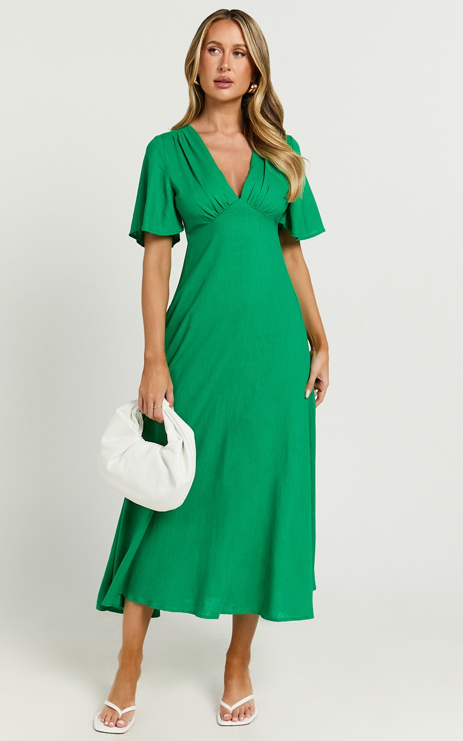 Dakota Midi Dress - Linen Flutter Sleeve A Line Dress in Green